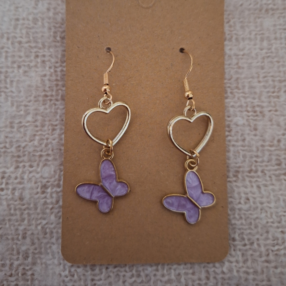 Gold and Purple Butterfly Heart Earrings